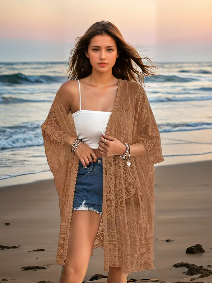Brown sheer lace embroidered cardigan, open front, loose fit, mid-calf length.