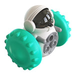 Teal-green and white interactive slow feed balance pet toy, side view