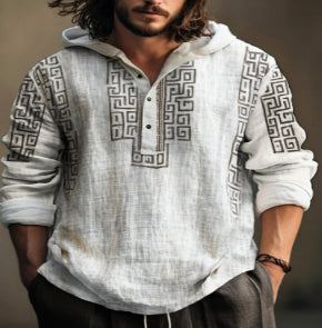Men's hooded cotton-linen pullover shirt in white with patterned sleeve cuffs