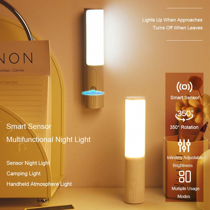 Wall-mounted motion sensor LED night light with glowing vertical panel and gray body