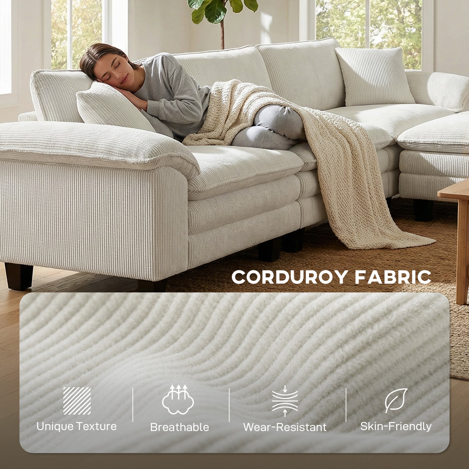 Sectional Sofa, L Shaped Couch with Deep Seat, Movable Ottoman and Pillow-top Armrests, Beige
