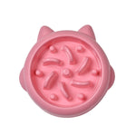 Pink slow feeder pet bowl with raised anti-gulp ridges and small circular nubs