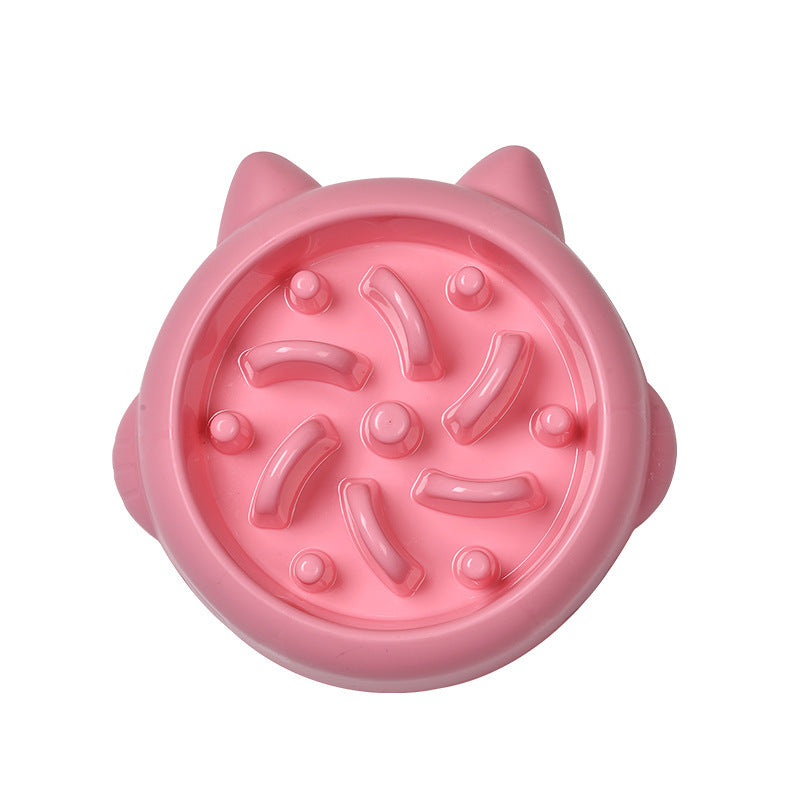 Pink slow feeder pet bowl with raised anti-gulp ridges and small circular nubs