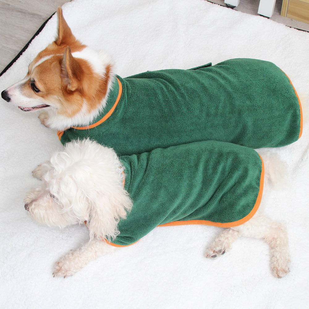 Green microfiber dog bathrobe waist wrap with orange trim, worn by small dog