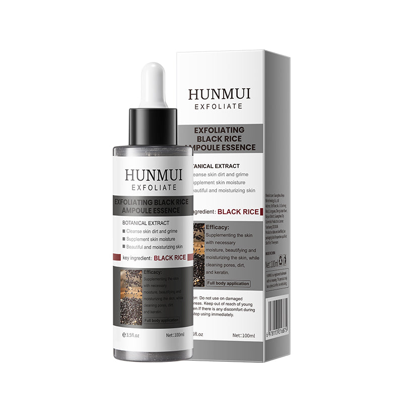 HUNMUI exfoliating black rice ampoule bottle beside product box