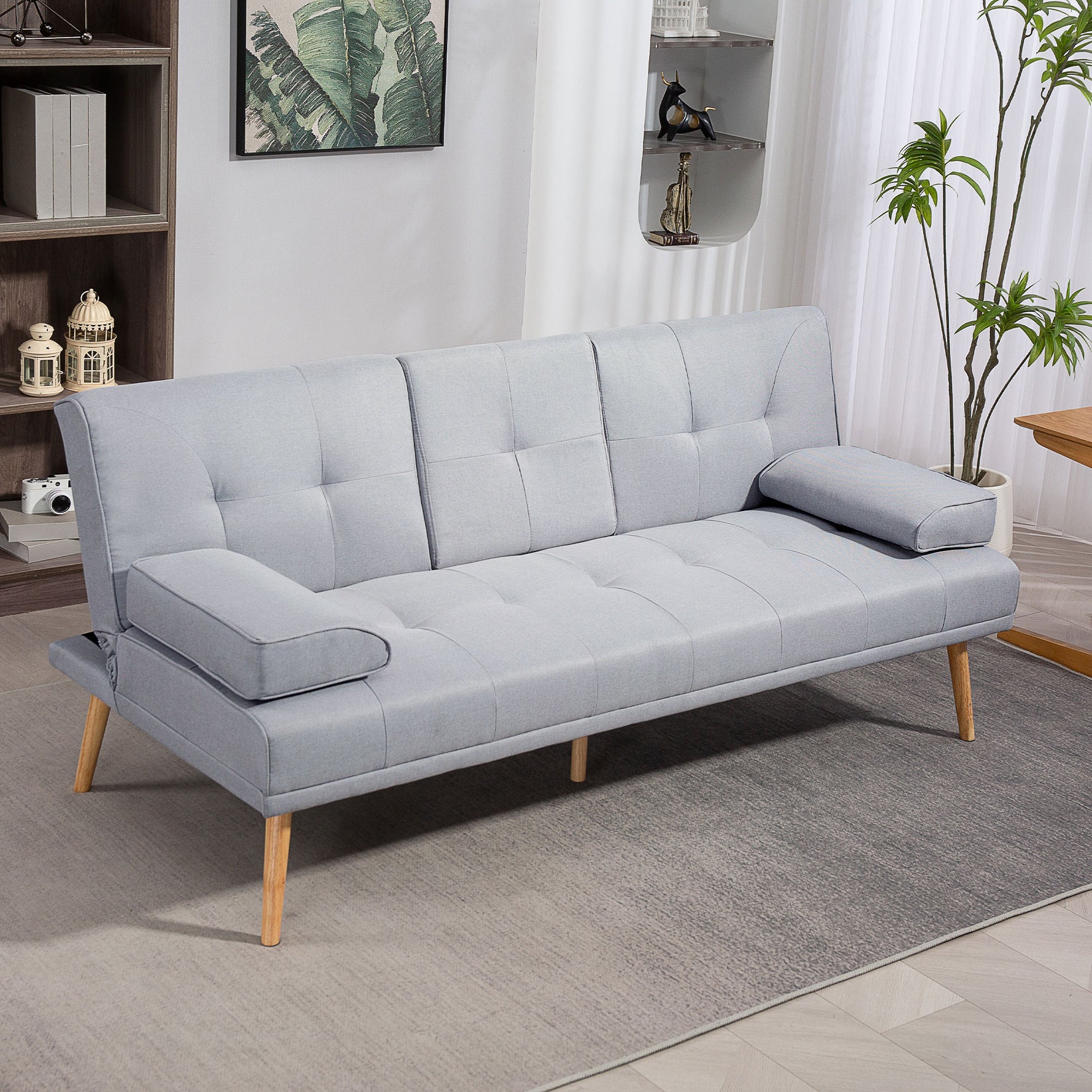 Schlafsofa, 3-Sitzer Sofa, Schlafcouch Mit Klappbarem Tisch, Becherhalter, Bettsofa Mit Leinenoptik, Couch Gästebet Für Wohnzimmer, Hellgrau