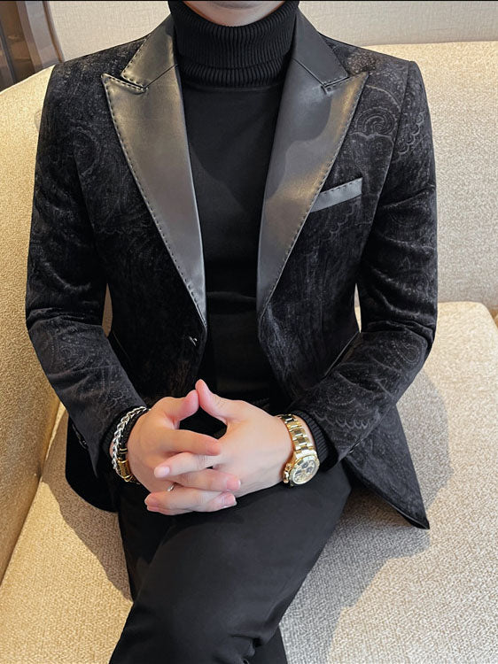 Luxurious Velvet Jacquard Leather Lapel Blazer for Men - Elevate Your Style