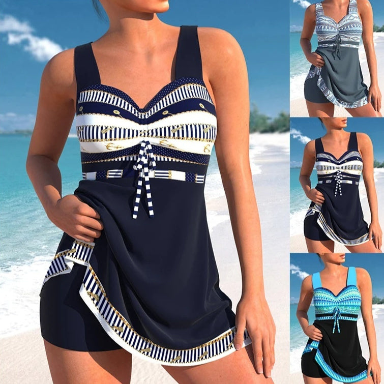 Plus size quick-dry split skirt bikini swimsuit, navy striped top with tie and black skirt