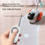 Remote control cat car toy held with hand remote, white body and orange side wheel
