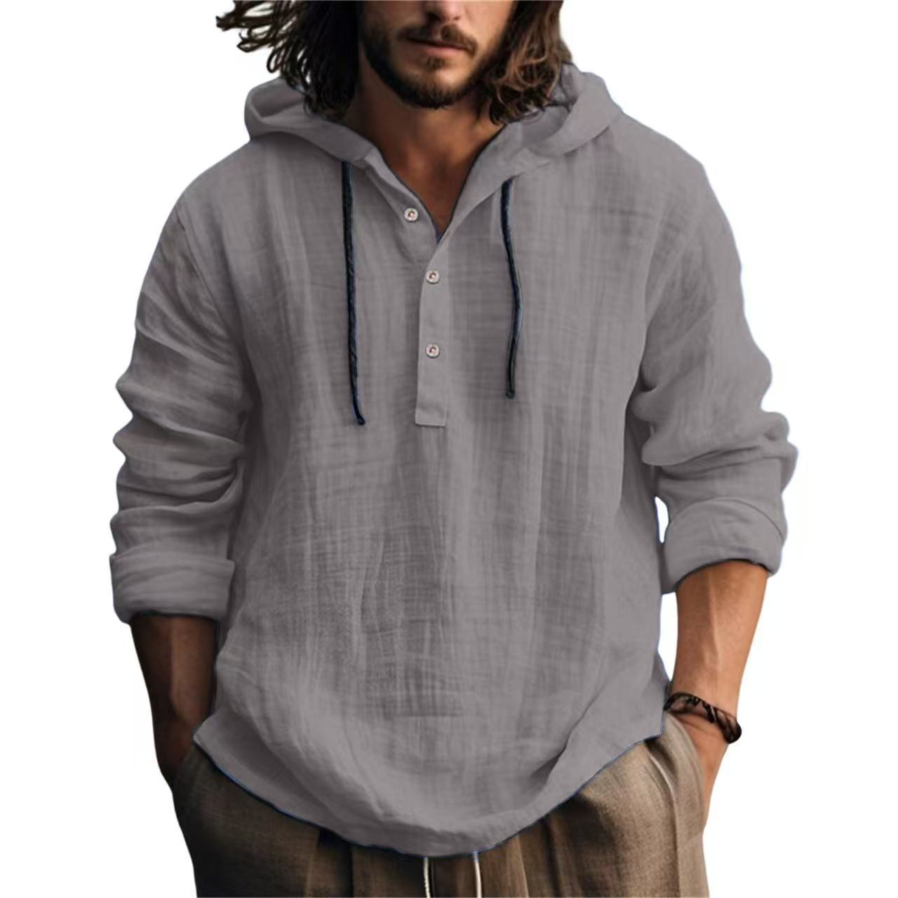 Men's hooded cotton-linen pullover shirt in light gray with dark drawstring cords