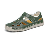 Women's Roman flat woven soft-sole shoes in dark green, strap-closure woven upper