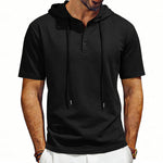 Men's short-sleeve hoodie Henley T-shirt with drawstring, black color