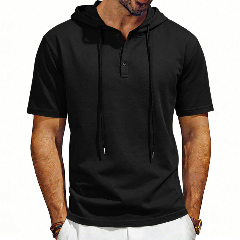 Men's short-sleeve hoodie Henley T-shirt with drawstring, black color