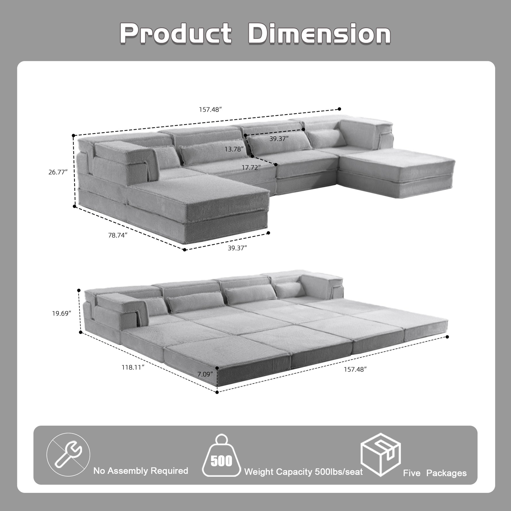 Modular sectional sofa dimension diagram showing layout, light grey