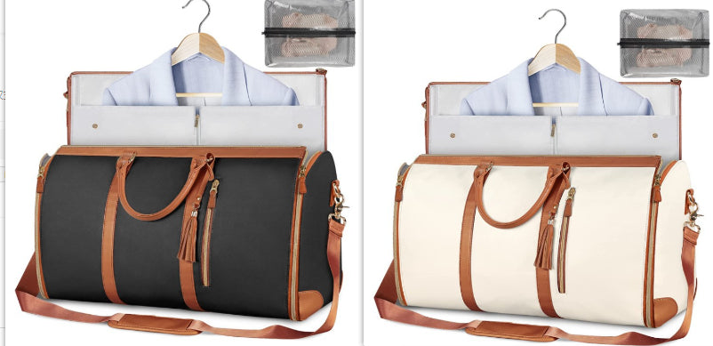 Duffle bags on hangers: black and cream with brown strap trim and tassel zipper pulls