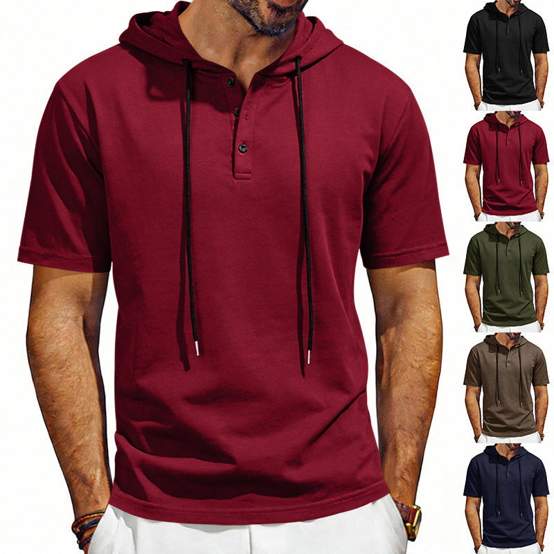 Men's short-sleeve hoodie Henley T-shirt with drawstring, burgundy color
