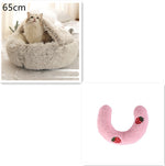 Round plush pet bed, light gray with U-shaped cat insert in pink, 65cm