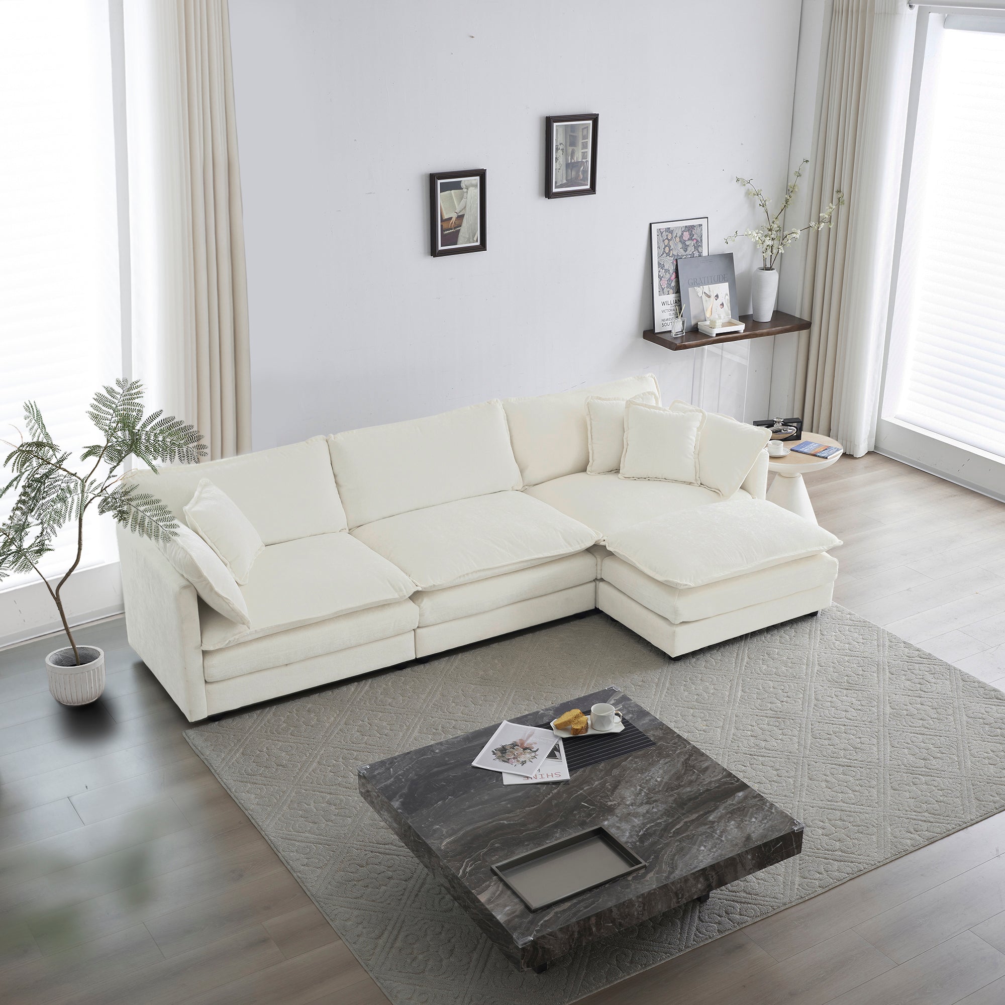 Sofá Seccional Oversized en Forma de L con Tapicería Cómoda de Combinación Libre, Otomana Reversible, Chenilla Blanca