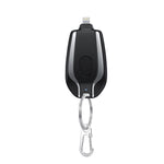 Black keychain power pod charger with Lightning port, metal clip ring and blue LED
