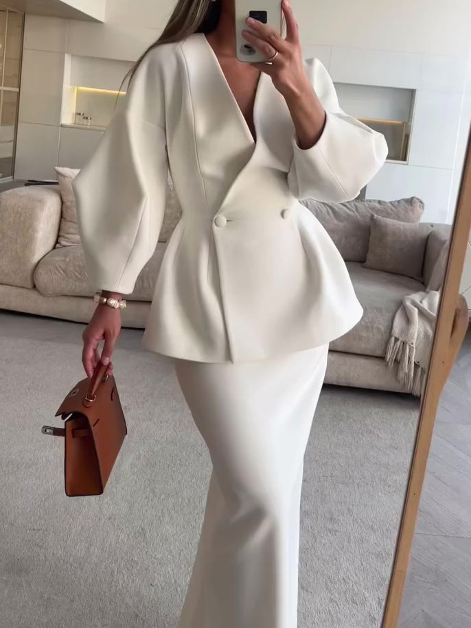 White V-neck blazer coat with peplum waist, double buttons, paired with maxi skirt