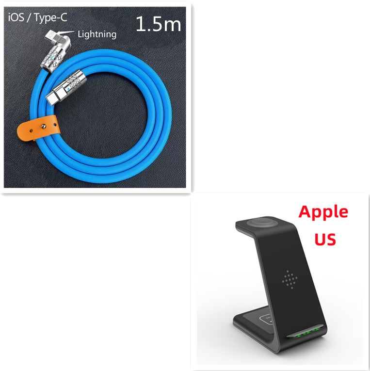 Wireless charger stand with cable, black, 1.5m, Lightning to Type-C connectors, blue cord
