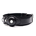 Black leather dog collar with round tracker window, side buckle, and metal rings