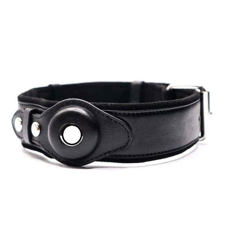 Black leather dog collar with round tracker window, side buckle, and metal rings