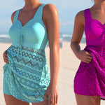 Aqua and magenta lace one-piece swimsuits with padded cups, tie-front detail, and patterned skirt