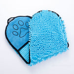 Blue microfiber pet bathrobe towel with paw face patch and dense shaggy loop texture