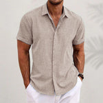 Beige men's linen-style stand collar short sleeve T-shirt, front view