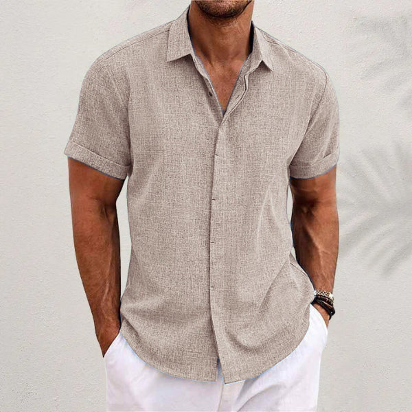 Beige men's linen-style stand collar short sleeve T-shirt, front view