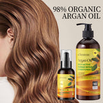Argan oil hair oil bottles with pump, shown with light brown hair