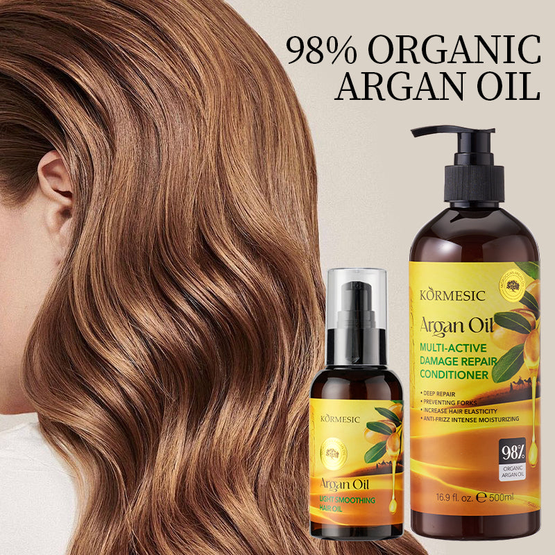 Argan oil hair oil bottles with pump, shown with light brown hair