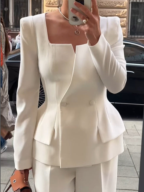 White women's blazer with square collar, long sleeves, two-button closure