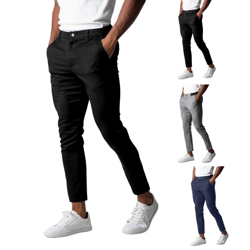 Black slim-fit business trousers with button waistband, straight slim legs, side pockets