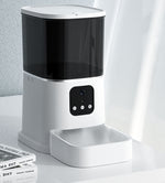 White smart pet automatic feeder with dark top hopper and control panel