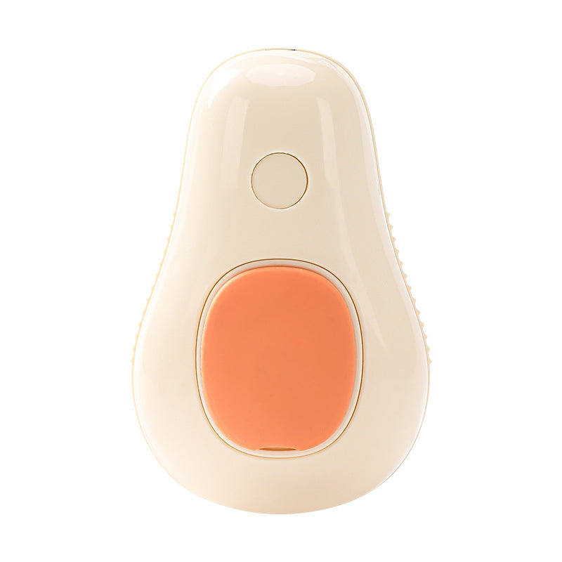 Cream electric pet grooming brush with orange control button and short bristle pins
