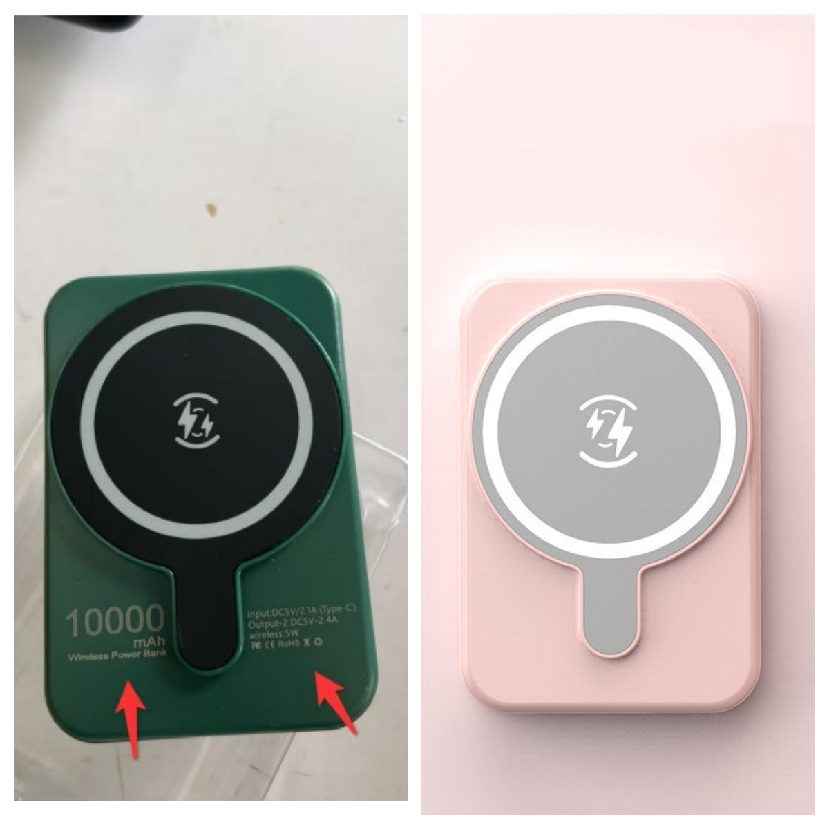 Pink magnetic wireless power bank with lightning logo, front view.
