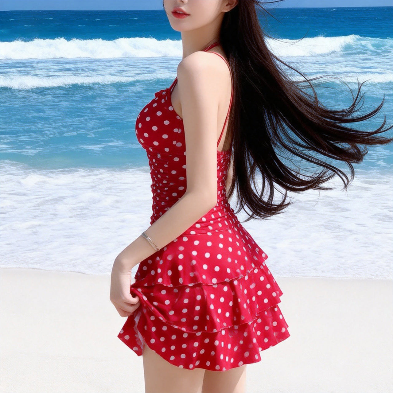 Red polka-dot one-piece skirt swimsuit in side profile with layered ruffle hem