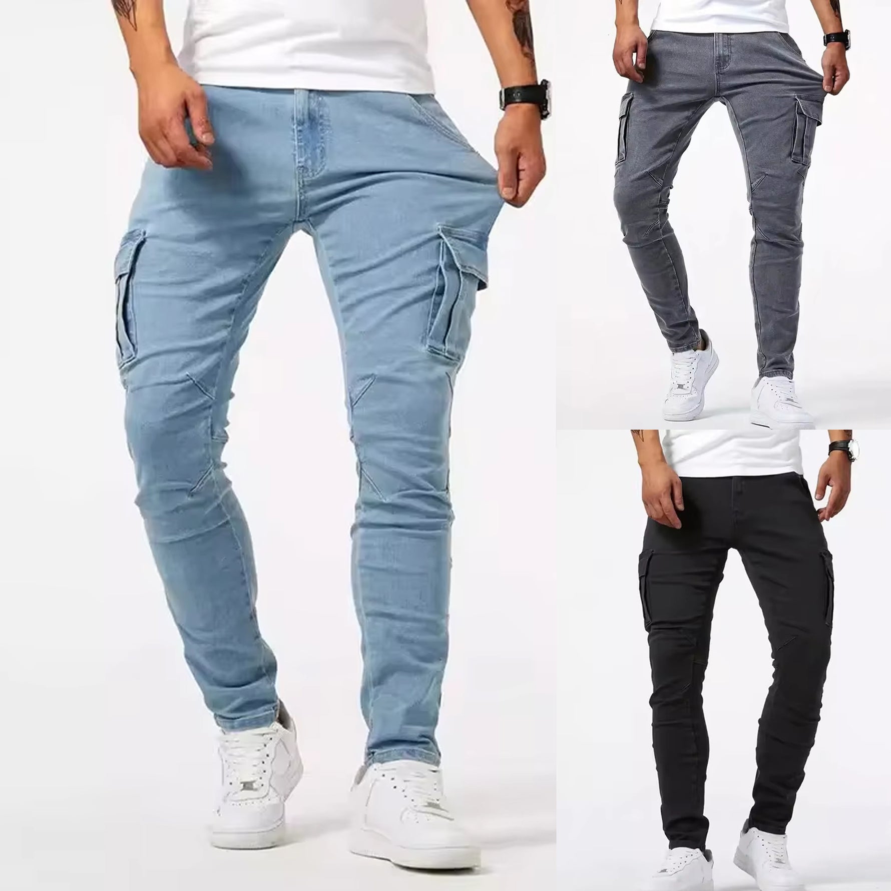 Cargo denim pants in light blue and dark gray, slim straight with side pockets