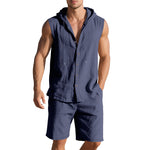 Men's sleeveless two-piece set in dark navy, hooded button-front shirt and matching shorts.
