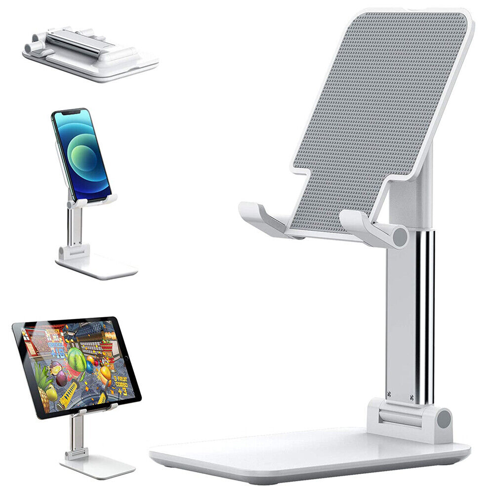 White desktop phone and tablet stand with perforated back and adjustable arms