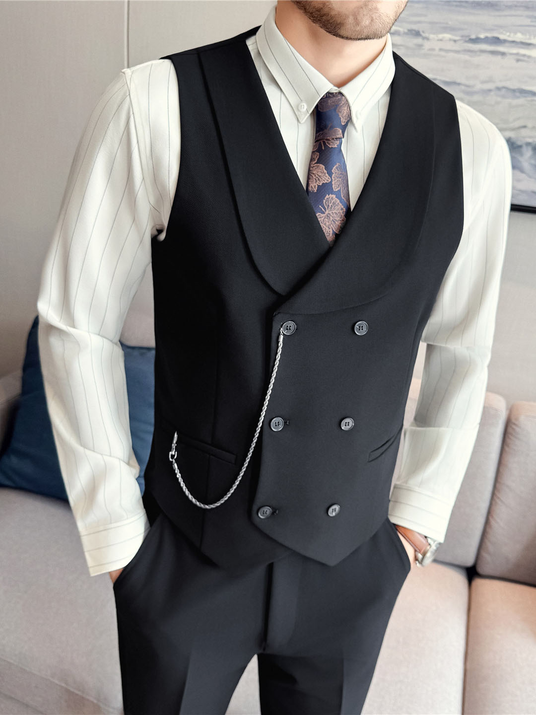 Stylish Men's Double-Breasted Shawl Collar Vest in Yarn-Dyed Fabric