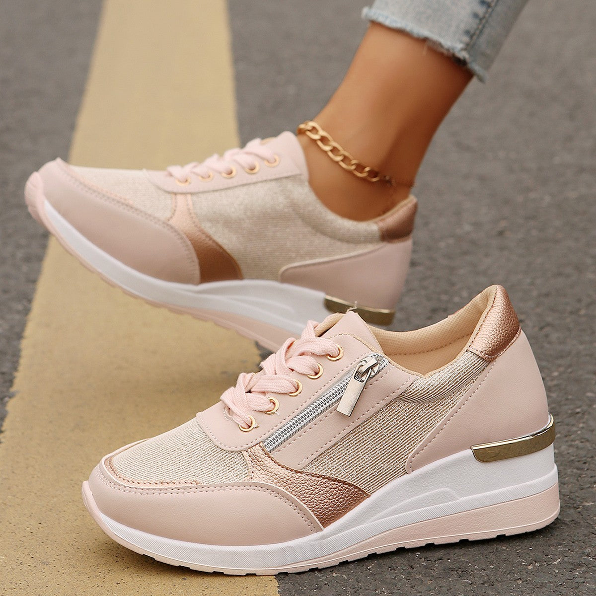 Women's blush pink lace-up sneakers with side zip and thick white sole