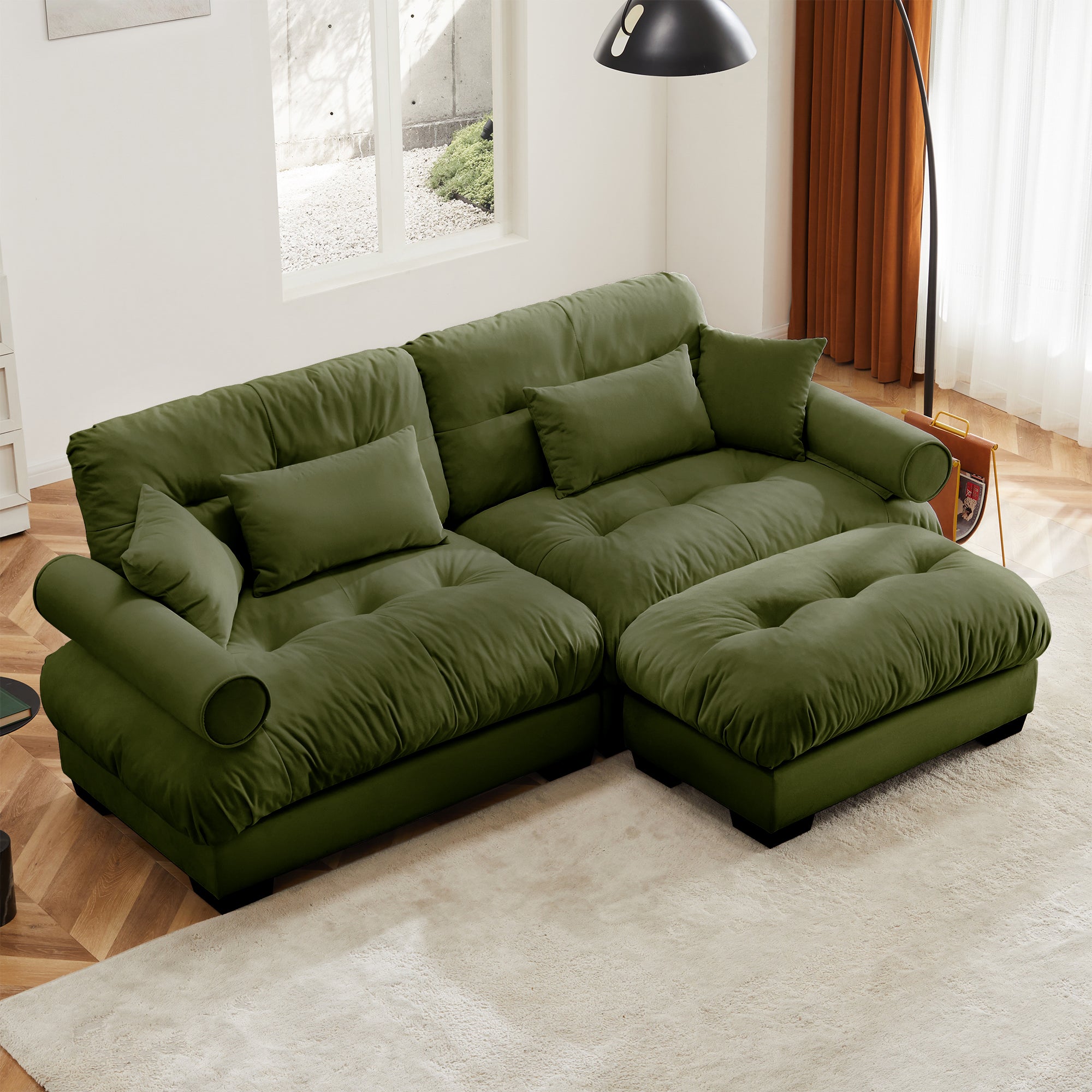 Sofá moderno de dos plazas de gran tamaño con otomana, sofá de terciopelo de 2 plazas con reposabrazos redondos, con cojín lumbar y cojines decorativos, sofá pequeño en forma de L para sala de estar, sala de lectura. Verde oliva.