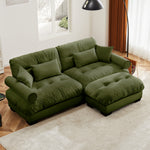 Over Size Modern Two-seater Sofa With Ottoman, Velvet 2-Seater With Round Bolster Armrests,With Waist Pillow And Throw Pillows,Small L Shape Sofa For Living Room, Reading Room  Olive Green