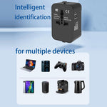 Black universal travel adapter with surge protector and universal plug outlets
