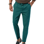 Men's drawstring straight pants in teal, high waist and ankle cuffs