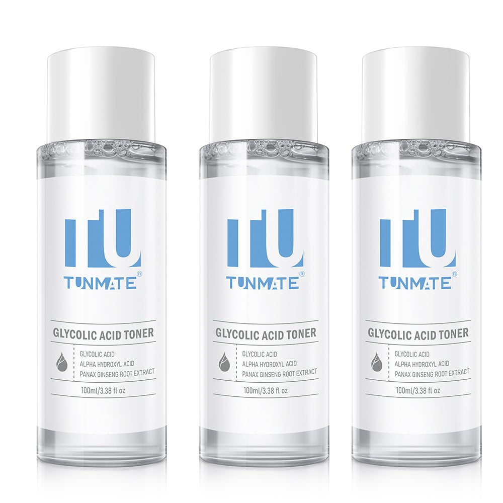 TUNMATE glycolic acid toner bottles, clear liquid formula in white cap containers