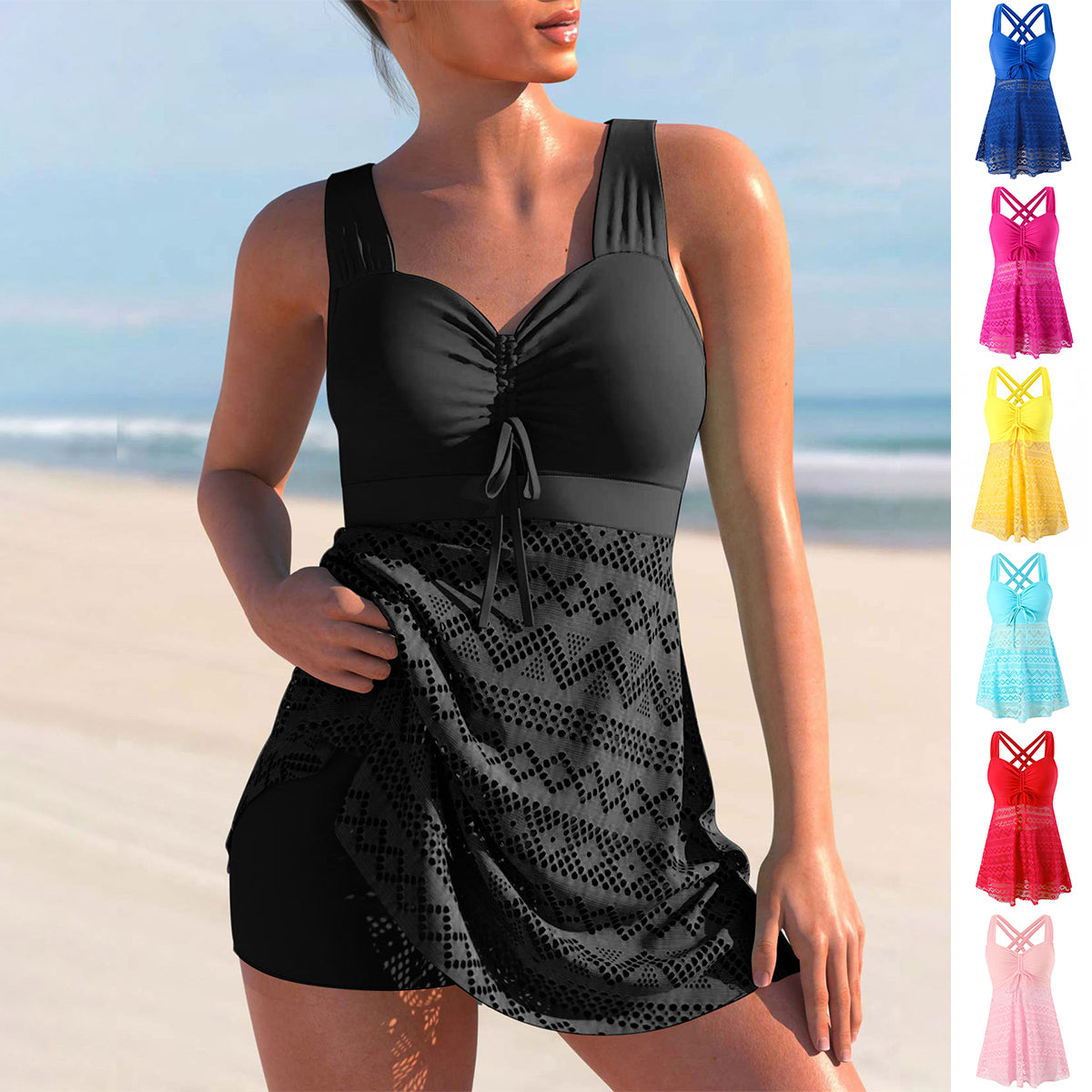 Black lace one-piece swimsuit with underwire cups, tie-front neckline, and textured skirt hem